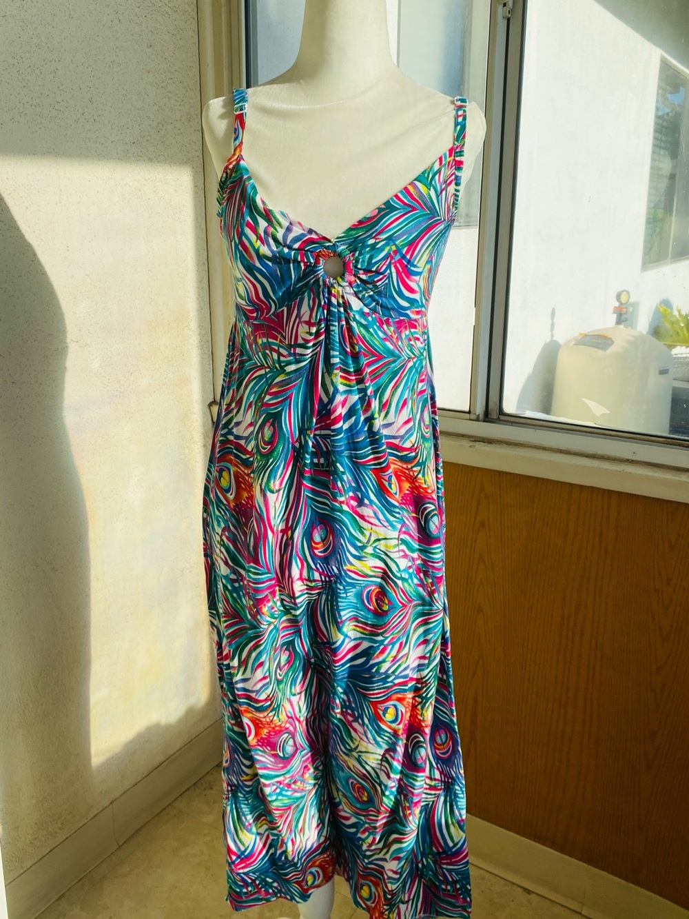 Island Planet Multicolor Peacock Feather Smocked Maxi Dress Small